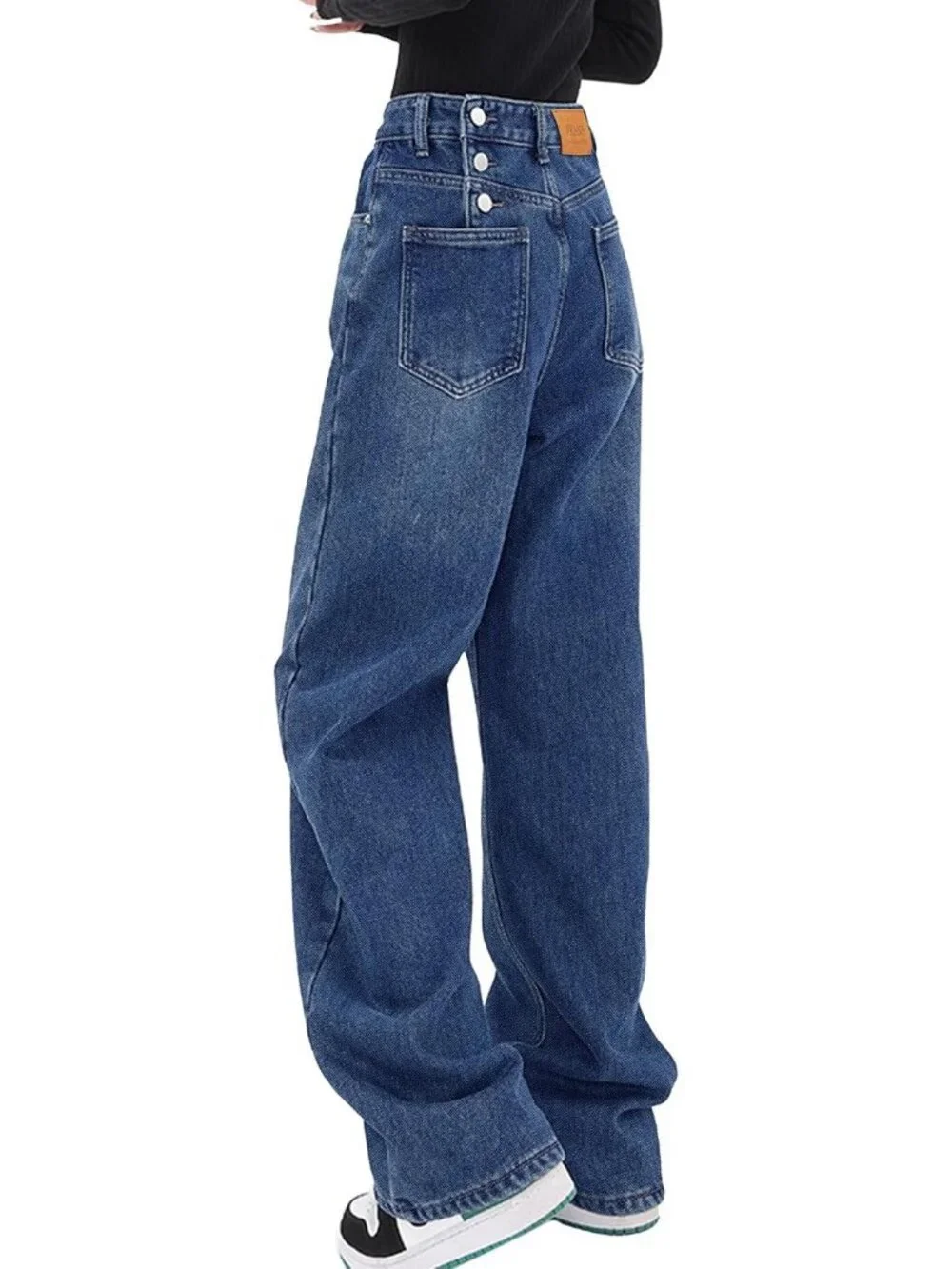 Women's Classic Blue Denim Y2k Straight Leg Button Zip High Waisted Baggy Jeans